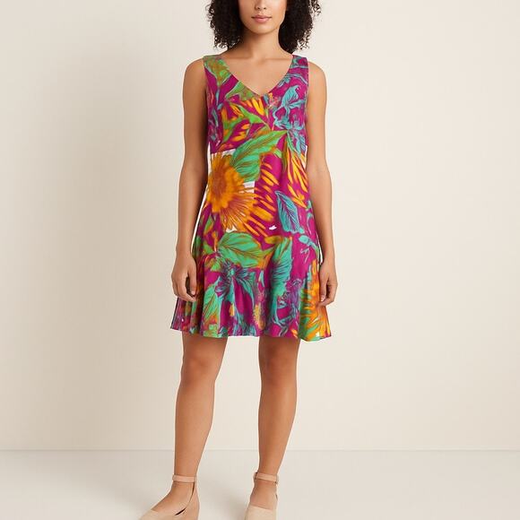 Lauren Ralph Lauren Petite Tropical Floral V-Neck Flounce Hem Dress 12P - Picture 1 of 9